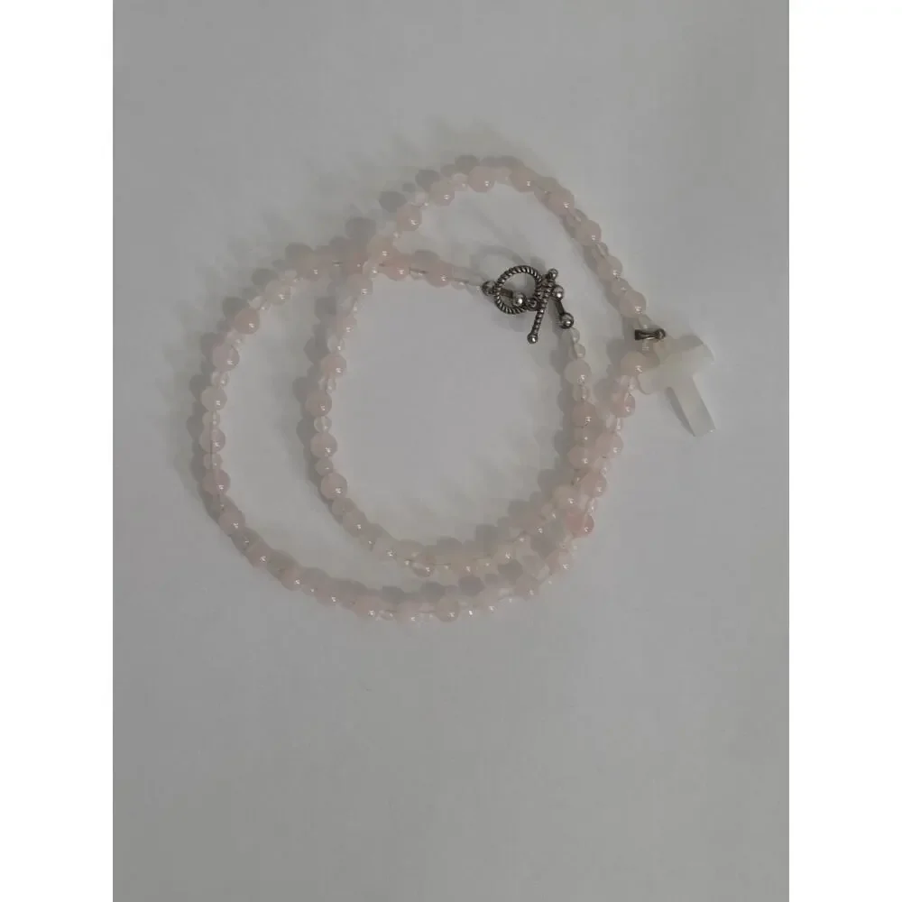 Rose Quartz Beaded Cross Pendant Necklace Silver Tone Toggle Clasp 22